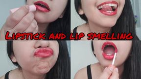 Red lipstick and lipgloss try-on and lip smelling