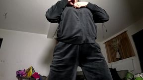 velvet tracksuit tease – smoking, big tits & black thong flash