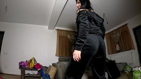 velvet tracksuit tease – smoking, big tits & black thong flash