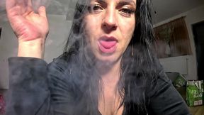 velvet tracksuit tease – smoking, big tits & black thong flash