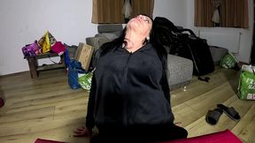 velvet tracksuit tease – smoking, big tits & black thong flash