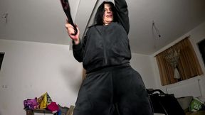 velvet tracksuit tease – smoking, big tits & black thong flash