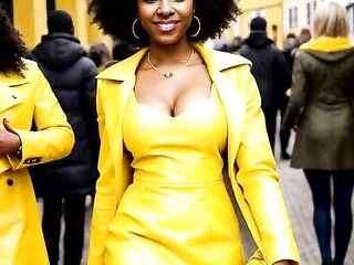 Charming breasty black teasing and screwing in a sauna in her yellow leather bikini - AI Illustrated Leather Porn Fantasy