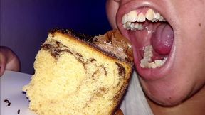 Eating cake and showing you my teeth after eating (Foreground) Natural and healthy teeth