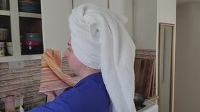 Putting Dishes Away in White Hair Towel and Blue Robe