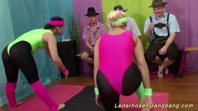 Extreme Spandex Gangbang with Flexible Performers in Lederhosen at a Wild Orgy Party