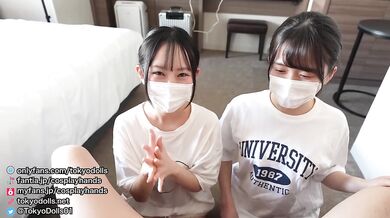 Japanese cutie in tee cosplay jerks him off while slobbering all over his cock