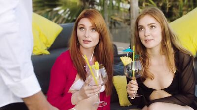 Two ginger girlfriends are enjoying a hot threesome with a stud on their vacation