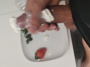 The Pig with a Big Cock Eats Strawberries and Cream Spread on his Dick for Breakfast