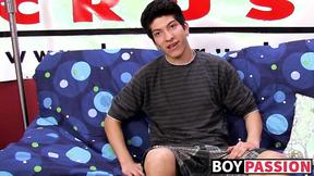 ”Interviewed young twink jerks off his huge cock & cums”