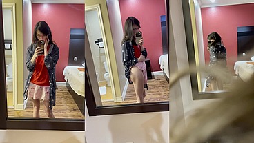 Asian CD TS gets plowed in the ass by dildo on headboard