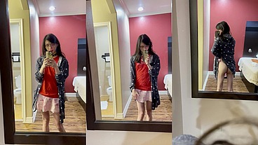 Asian CD TS gets plowed in the ass by dildo on headboard