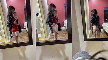 Asian CD TS gets plowed in the ass by dildo on headboard