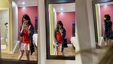 Asian CD TS gets plowed in the ass by dildo on headboard
