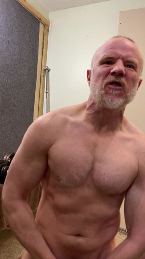 Naked Verbal big muscle exhibitionist shows off his muscular body and huge cock in his home gym!