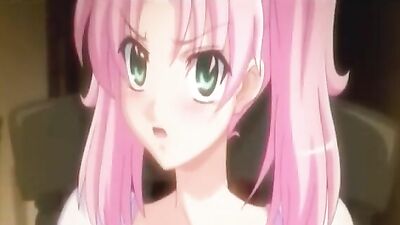 Young hentai babe with pink pigtails and massive tits gags on a huge dick and takes a facial