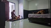 Naughty friends were hooking up at home when their guests walked in on them; the visitors got incredibly turned on and ended up having sex without the