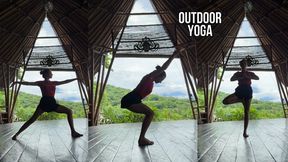 Express yoga outdoor with volcano background