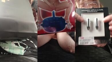 Sneaky milf with big natural tits stuffs sex toys in the back seat