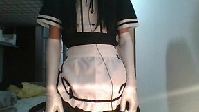 Little femboy maid swallows his own cum