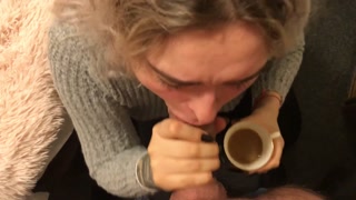 Euro slut sucks and drinks COFFEE with my CUM!