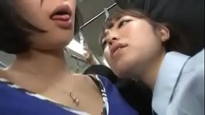 Japanese lesbians make out and finger each other in public