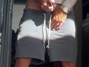 Using both hands to jerk my big white cowboy cock in public view