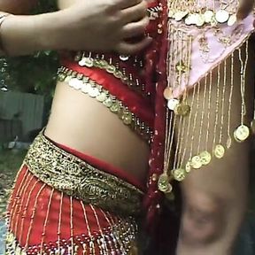 Wild bellydancers with great tits do scissoring with toy