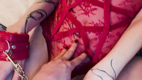 blonde beauty lola fae cuffs, blindfolds & fucks petite trans cutie with huge strapon