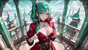 Green-haired warrior in a black-red battle robe, commanding yet shy on the floating terrace.