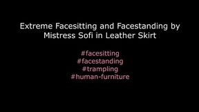 extreme facesitting and facestanding by mistress sofi in leather skirt