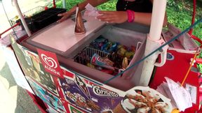 Nasty brunette eats ice-cream and then goes to his house on POV fucking