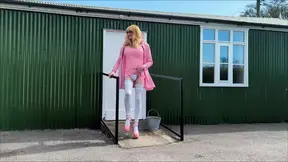 Pink PVC Tranny Wanking and Cumming Outdoors