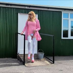 Pink PVC Tranny Wanking and Cumming Outdoors