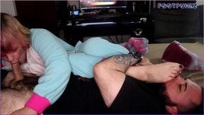 Little Tattooed Spacebrat In Onesie Sucks Cock and Gives Foot Smelling Handjob with a Huge Cumshot