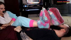 Little Tattooed Spacebrat In Onesie Sucks Cock and Gives Foot Smothering Handjob with a Huge Cumshot