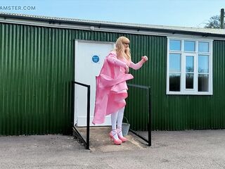 Pink PVC Tgirl Stroking and Cumming Outdoors