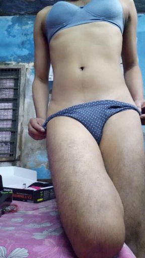 Indian Teen Boy Wearing Blue Bra and Dotted Panty