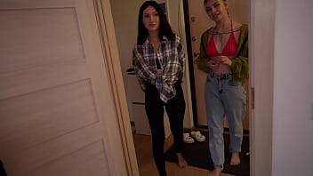 Fit neighbor girl gives double blowjob and handjob