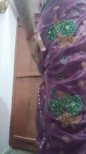 Indian Gay Crossdresser Bottom Gaurisissy Showing Her Big Boobs in Purple Saree
