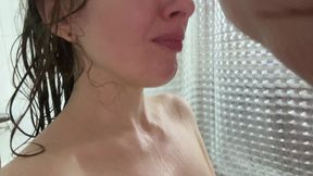 In the shower bathroom. A neighbor crept up on me in the shower and fucked my wet pussy. Cum on tits