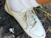 Piss and cum - Cleaning used white sneakers with pee and cum and pee again in the garden