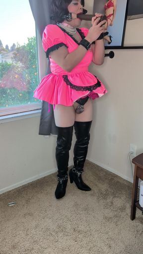 Sissy Maid Playing with Herself with Bondage, Huge Dildos, and Chastity