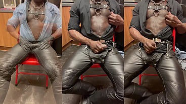Solo Leather Jeans Nipple Play Wank & Cum Unload