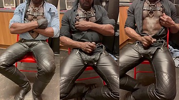 Solo Leather Jeans Nipple Play Wank & Cum Unload