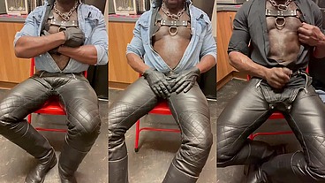Solo Leather Jeans Nipple Play Wank & Cum Unload