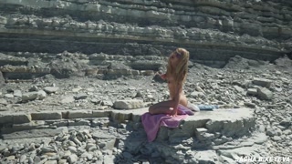 Awesome kinky nudist girl in sunglasses sucks &amp; rides a huge dildo in public beach - Sasha Bikeyeva