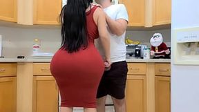 Stepmom grabs big cock&#x1F32D; in kitchen after seeing his massive hardon