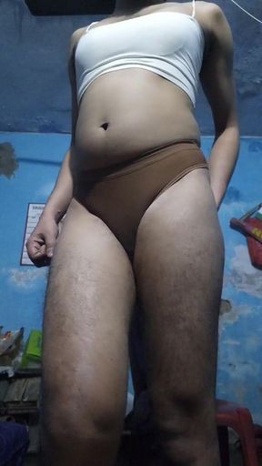 Teen Indian Femboy Wearing His Step Sister's Bra and Thong Panty