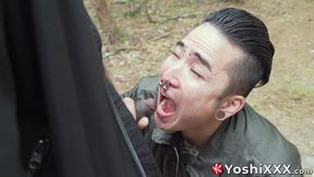 Black stud Kody McCree fist fucks submissive Japanese Yoshi Kawasaki outdoor